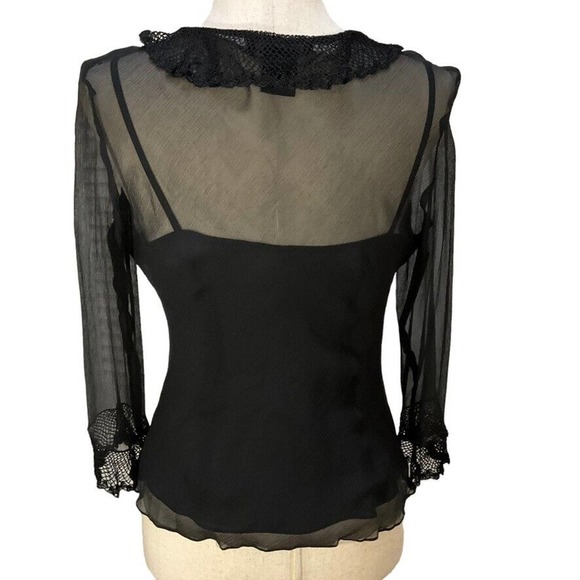 ECI S Black Silk Chiffon Ruffle & Lace Sheer Top & Camisole Womens Size Small - Picture 3 of 13